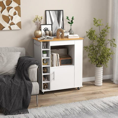 Minimalistic and Neat Kitchen Island with Wheels and Ample Storage Space in White