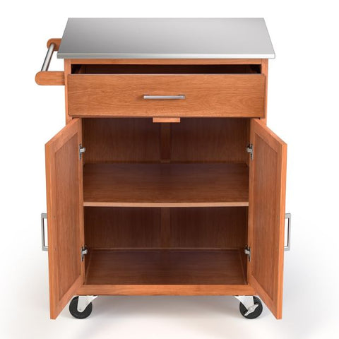 Versatile and Functional Kitchen Cart with Stainless Steel Countertop and Wheels in Oak