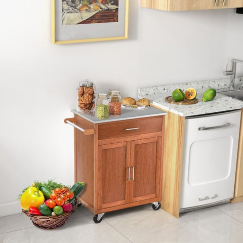 Versatile and Functional Kitchen Cart with Stainless Steel Countertop and Wheels in Oak