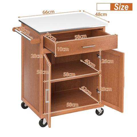 Versatile and Functional Kitchen Cart with Stainless Steel Countertop and Wheels in Oak
