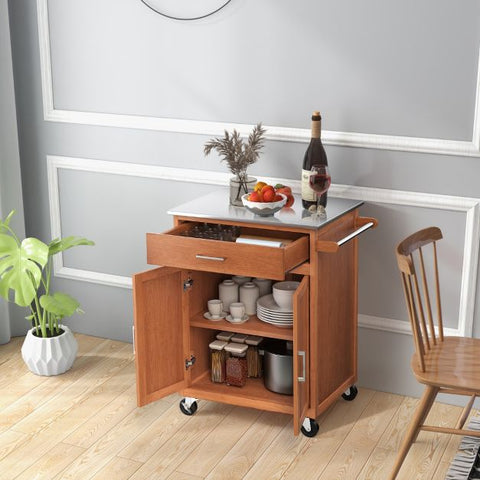 Versatile and Functional Kitchen Cart with Stainless Steel Countertop and Wheels in Oak