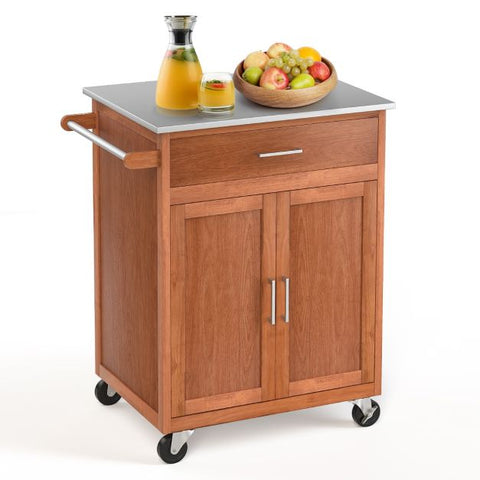 Versatile and Functional Kitchen Cart with Stainless Steel Countertop and Wheels in Oak