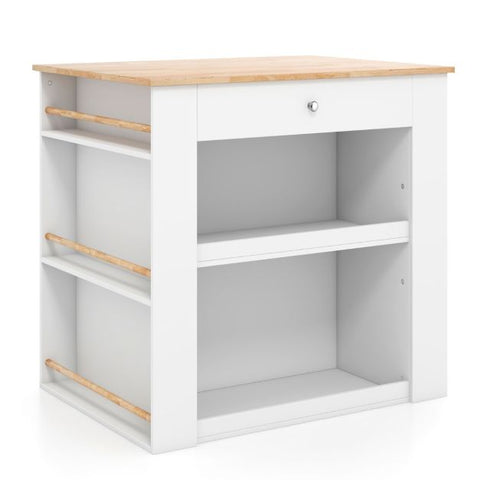 Kitchen Island with Solid Rubber Wood Top and Ample Storage in White
