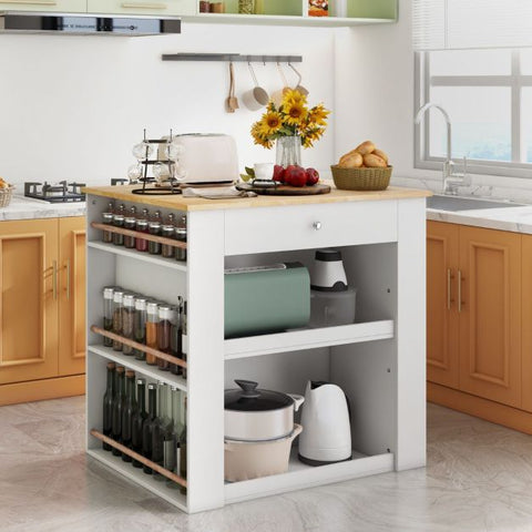 Kitchen Island with Solid Rubber Wood Top and Ample Storage in White