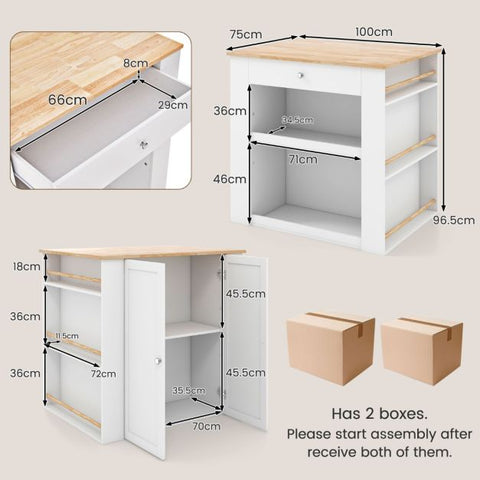 Kitchen Island with Solid Rubber Wood Top and Ample Storage in White
