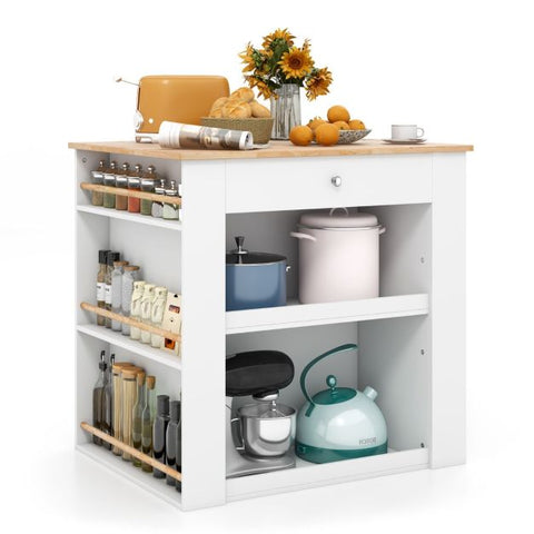 Kitchen Island with Solid Rubber Wood Top and Ample Storage in White