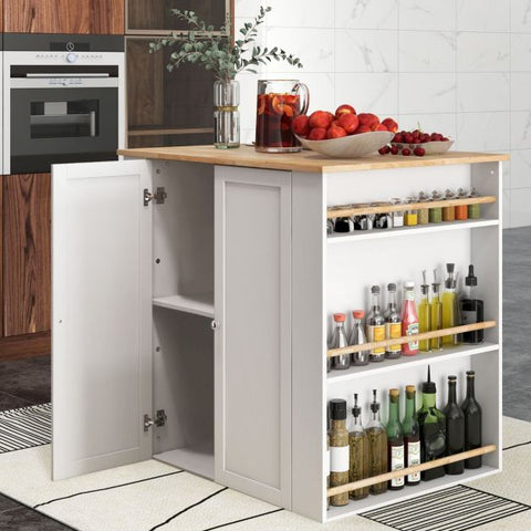 Kitchen Island with Solid Rubber Wood Top and Ample Storage in White