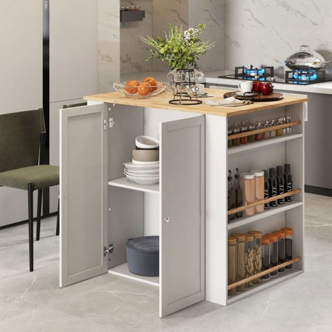 Kitchen Island with Solid Rubber Wood Top and Ample Storage in White