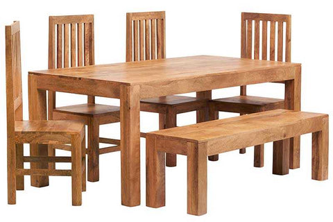 Lightly Stained Mango Hardwood Dining Set of 4 with 4 Chairs and Bench