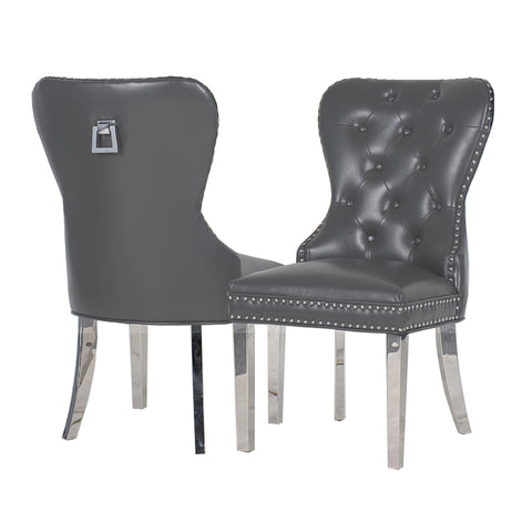 Classic Studded Faux Leather Dining Chair with Buttoned Design and Chrome Knocker