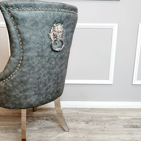 Classic Dining Chair with Lion Knocker and Elegant Chrome Legs