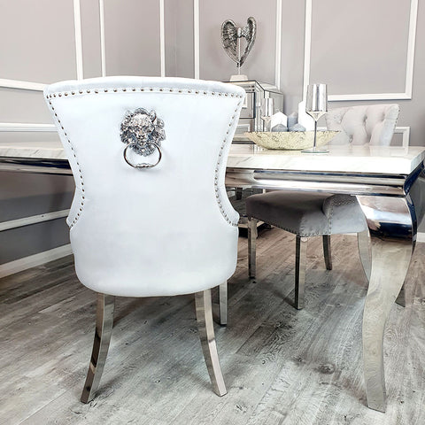 Classic Dining Chair with Lion Knocker and Elegant Chrome Legs