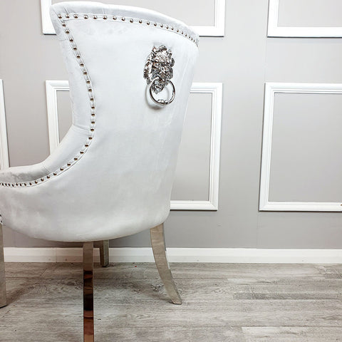 Classic Dining Chair with Lion Knocker and Elegant Chrome Legs