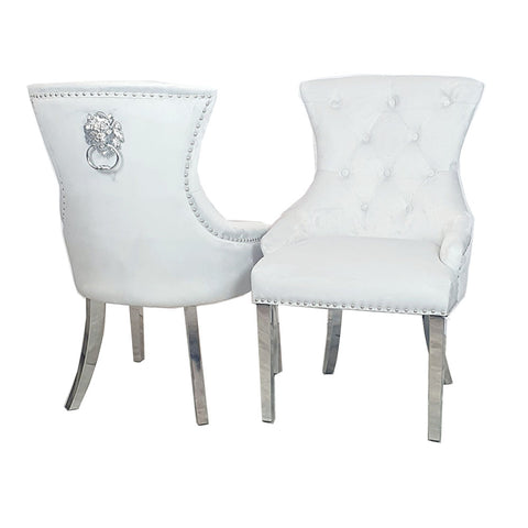 Classic Dining Chair with Lion Knocker and Elegant Chrome Legs