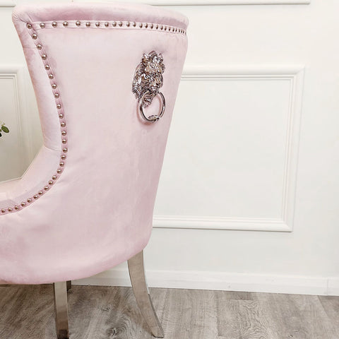 Classic Dining Chair with Lion Knocker and Elegant Chrome Legs