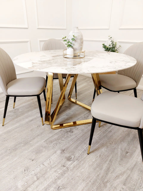 Freya Gold Dining Table with 130 CM Round  Sintered Stone Top