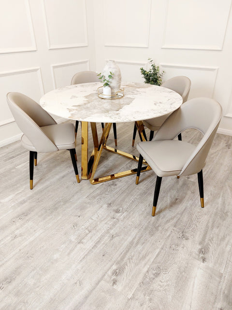 Freya Gold Dining Table with 130 CM Round  Sintered Stone Top