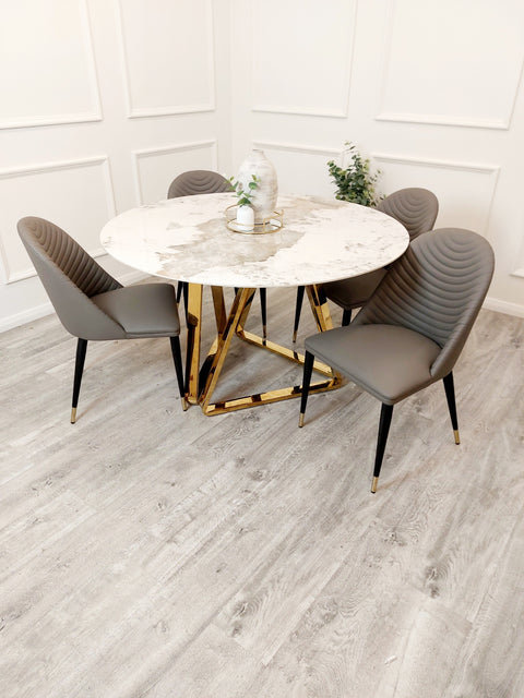 Freya Gold Dining Table with 130 CM Round  Sintered Stone Top