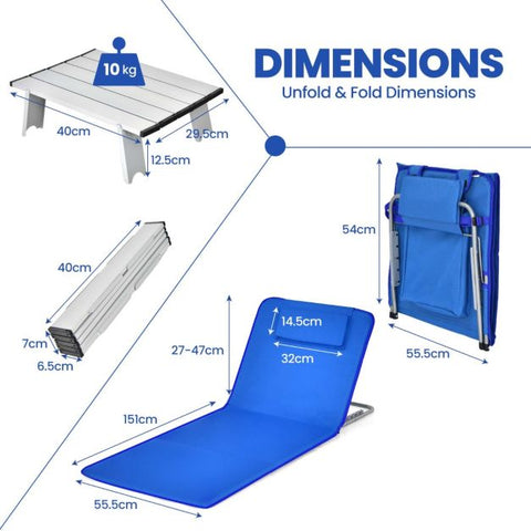 Garden Foldable Beach Mat Chair and Table set in Navy