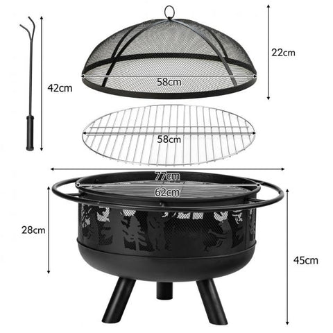77CM Fire Pit Bowl Featuring Cooking Grill and Spark Screen Cover