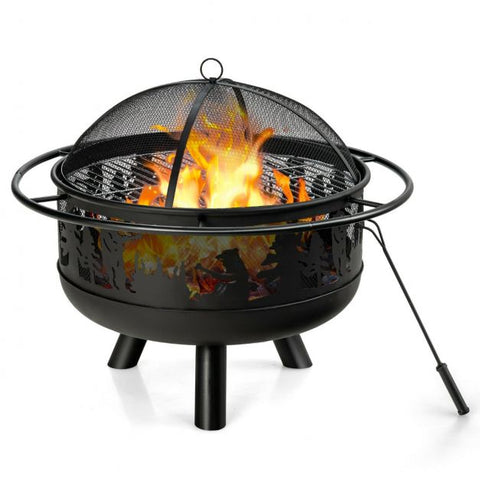 77CM Fire Pit Bowl Featuring Cooking Grill and Spark Screen Cover
