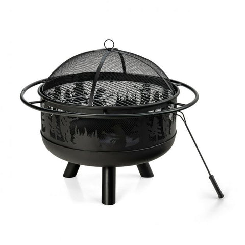77CM Fire Pit Bowl Featuring Cooking Grill and Spark Screen Cover