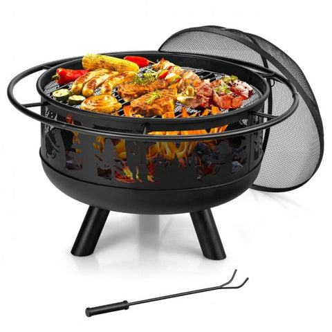 77CM Fire Pit Bowl Featuring Cooking Grill and Spark Screen Cover