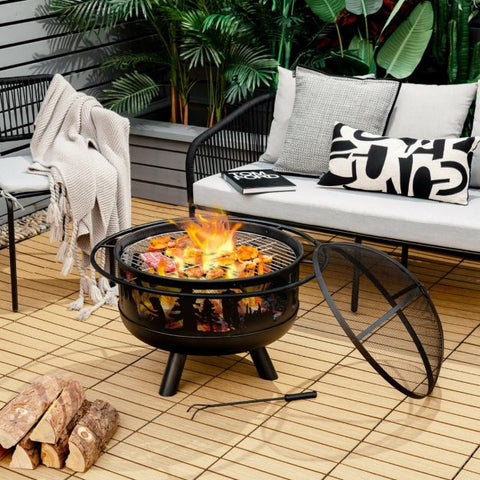 77CM Fire Pit Bowl Featuring Cooking Grill and Spark Screen Cover