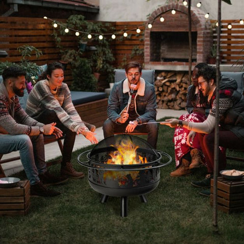 77CM Fire Pit Bowl Featuring Cooking Grill and Spark Screen Cover