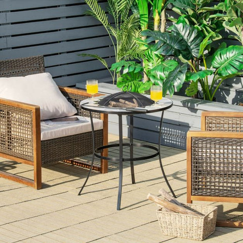 Fire Pit for Outdoors with Tiled Tabletop and Protective Mesh Screen Cover
