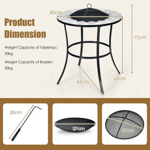 Fire Pit for Outdoors with Tiled Tabletop and Protective Mesh Screen Cover