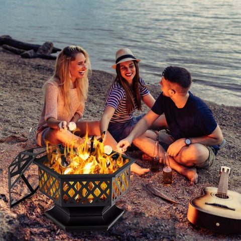 Hexagon Charcoal Metal Fire Pit with Included Fire Poker