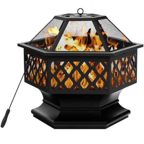 Hexagon Charcoal Metal Fire Pit with Included Fire Poker