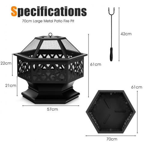 Hexagon Charcoal Metal Fire Pit with Included Fire Poker