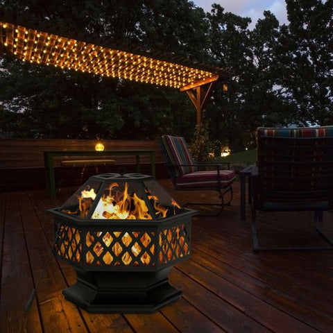 Hexagon Charcoal Metal Fire Pit with Included Fire Poker
