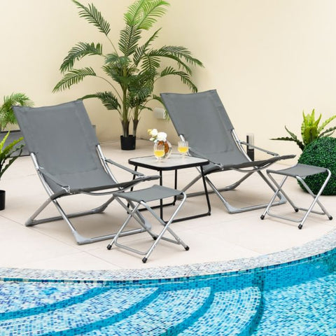 Outdoor Sling Furniture Set with Coffee Table and Foldable Chairs in Grey