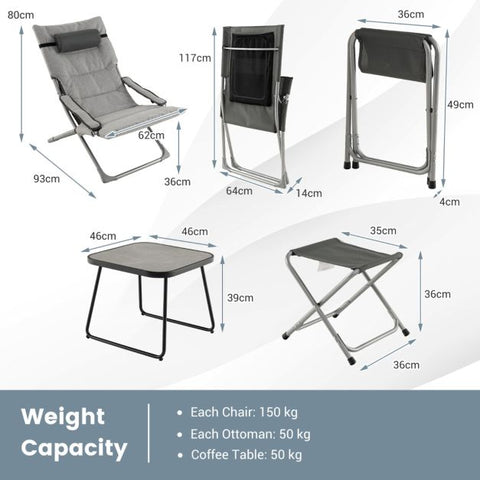 Outdoor Sling Furniture Set with Coffee Table and Foldable Chairs in Grey