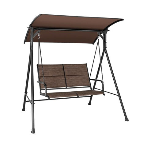 Sturdy Metal Frame Porch Swing with Soft Cushions and Adjustable Canopy in Brown