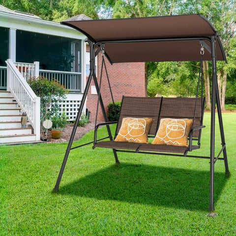 Sturdy Metal Frame Porch Swing with Soft Cushions and Adjustable Canopy in Brown