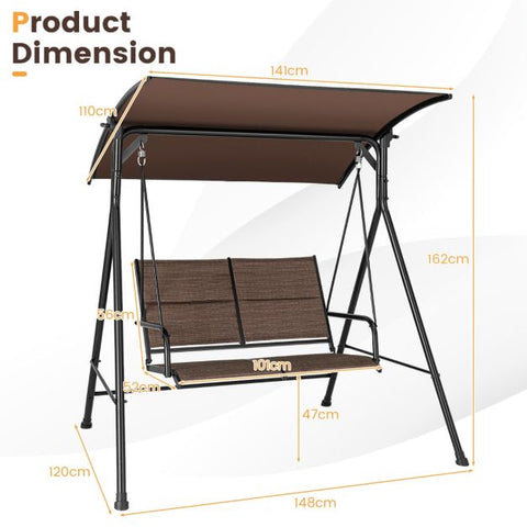 Sturdy Metal Frame Porch Swing with Soft Cushions and Adjustable Canopy in Brown