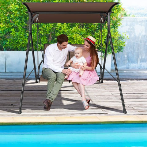 Sturdy Metal Frame Porch Swing with Soft Cushions and Adjustable Canopy in Brown