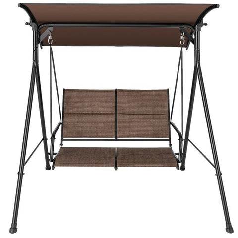 Sturdy Metal Frame Porch Swing with Soft Cushions and Adjustable Canopy in Brown