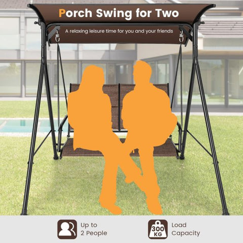Sturdy Metal Frame Porch Swing with Soft Cushions and Adjustable Canopy in Brown