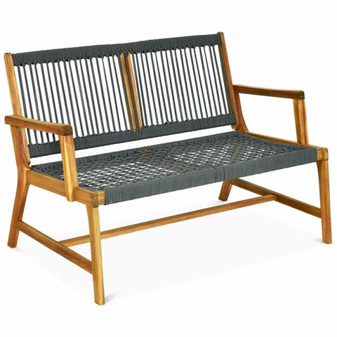 Acacia Wooden Bench with Woven Backrest and Seat