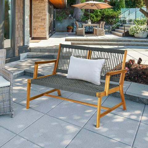 Acacia Wooden Bench with Woven Backrest and Seat