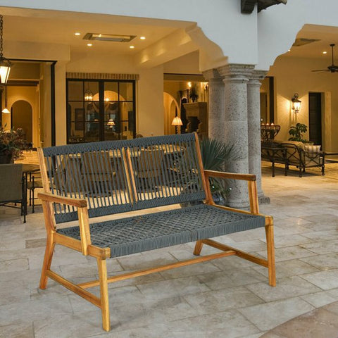 Acacia Wooden Bench with Woven Backrest and Seat
