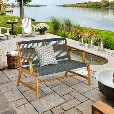 Acacia Wooden Bench with Woven Backrest and Seat