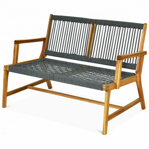 Acacia Wooden Bench with Woven Backrest and Seat