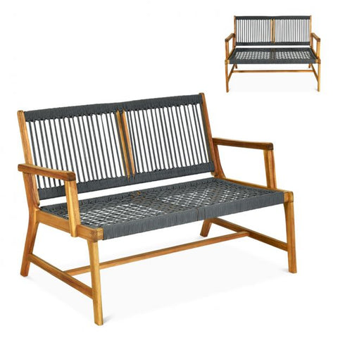 Acacia Wooden Bench with Woven Backrest and Seat