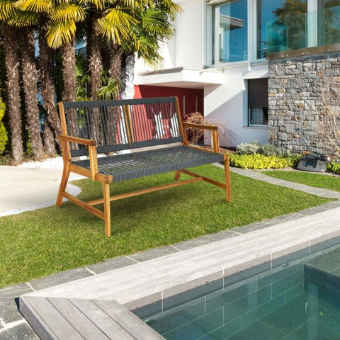 Acacia Wooden Bench with Woven Backrest and Seat